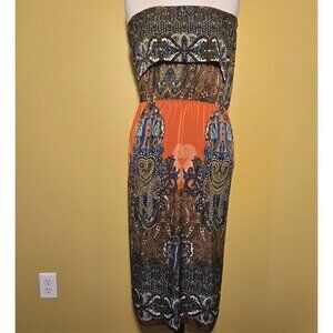 Vibrant Orange Blue Magenta Paisley Strapless Smocked Midi‎ Dress Small Elastic.